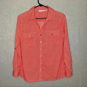 Red and white polka dot button down shirt